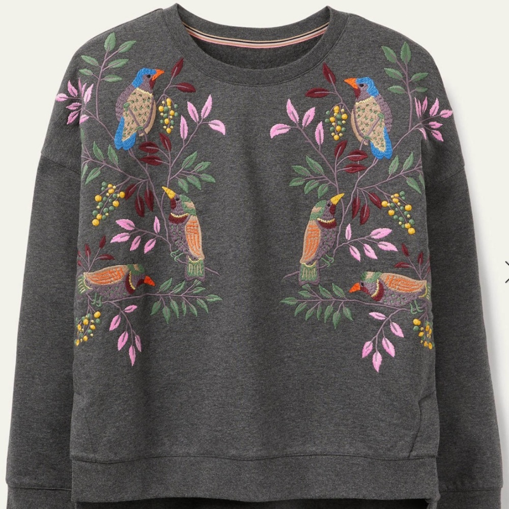 Boden Jasmine Sweatshirt - Charcoal Marl Bird Embroidery
